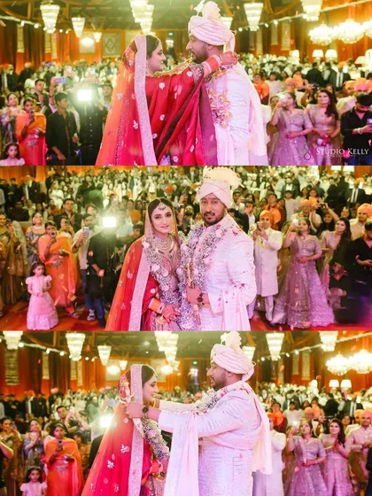 A collage capturing the grandeur of the Varmala ceremony, with the couple surrounded by all their guests.
