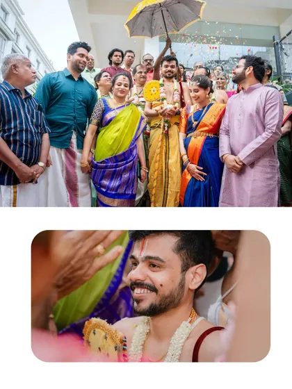 The groom's procession, known as Kashi Yatra, is a significant and colorful part of many South Indian weddings. This collage captures the groom's joyful moments with his family.