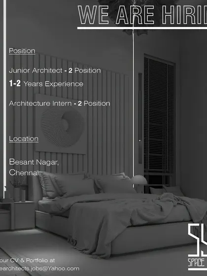 Sync Space Architects in Chennai is hiring for two Junior Architect positions and two Architecture Intern positions.