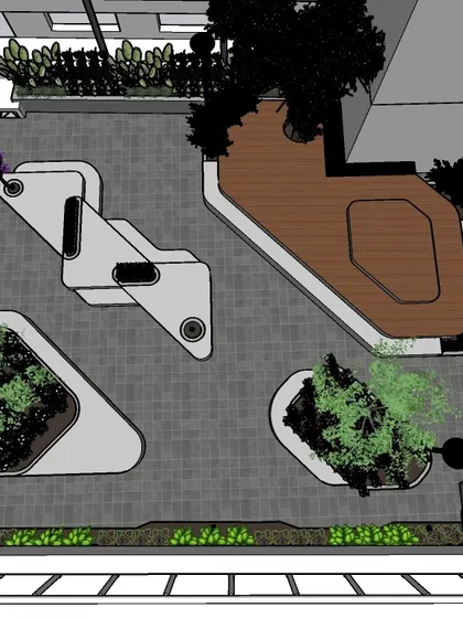The 3D design render for the university campus. This visualization was crucial for planning the layout of the unique, abstract-shaped seating areas and planters before construction began.