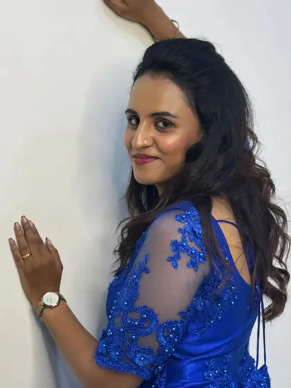 My own Navaratri look. A custom royal blue gown with sheer, embroidered sleeves.