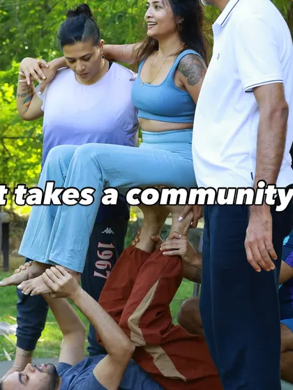It takes a community to lift each other up, sometimes literally. This group acro yoga pose shows the strength, trust, and fun we build together in my workshops.