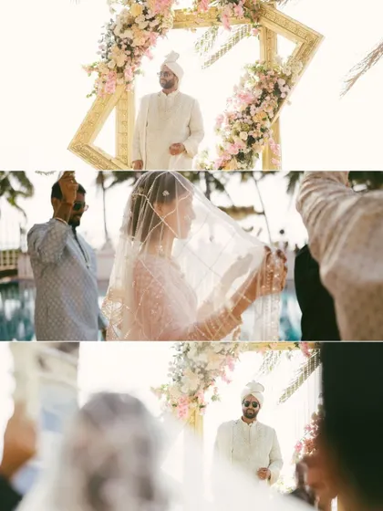 A collage showing the groom's anticipation and the bride's entrance. This tells the story of the emotional moments leading up to their union.