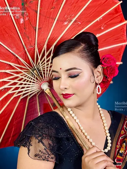 This retro hairstyle is complemented by a vintage-style prop, showcasing how to create a complete thematic look.