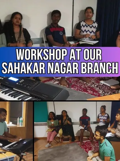 A collage from a recent workshop at our Sahakar Nagar branch. You can see the mix of activities, from keyboard instruction and group singing to rhythm exercises. We ensure our sessions are dynamic and engaging for everyone involved.