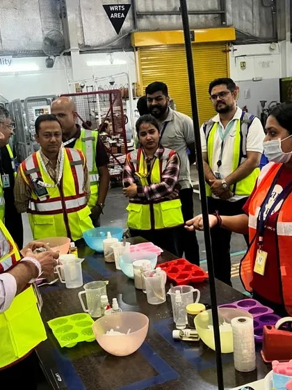 Here I am, explaining the soap-making process to the leadership team at the Amazon workshop. We love making these events fun, interactive, and educational for everyone involved.
