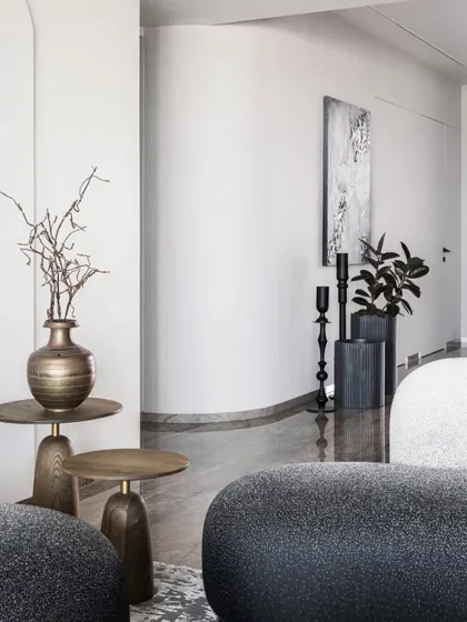 This living area features bold, curvy furniture in chic tones of black and white. Circular side tables, strategically placed, serve as focal points, creating a visually uplifting ambiance against the clean, minimalist walls.