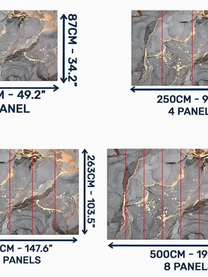 To ensure a perfect fit for any wall size, I provide detailed panel layouts for my large-scale murals. This diagram shows how the gold-accented marble design is divided for easy and seamless installation.