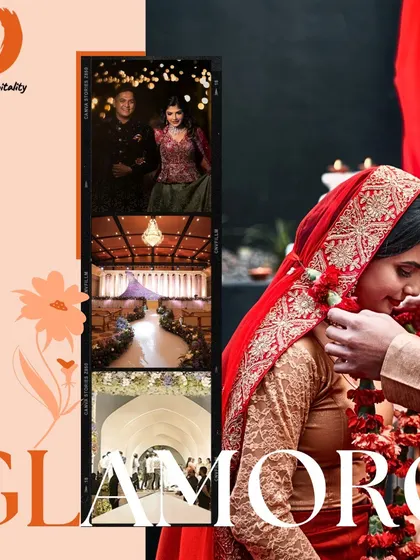 A collage capturing the essence of a glamorous wedding at Maanikya. The film-strip style showcases moments from the event, from the couple's portraits to the beautifully decorated venue pathways.