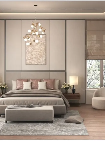 A bedroom that exudes classic sophistication. We used wall moldings to create elegant paneling, with a statement art piece at the center. The upholstered bed, plush rug, and modern chandelier come together to create a timeless and luxurious sanctuary.