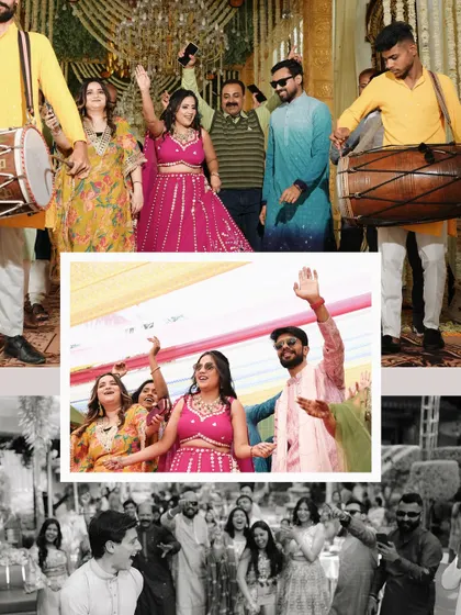 A collage capturing the celebratory moments of a Mehndi event, with dhol players and guests dancing with the couple.