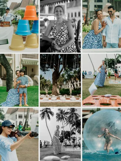 A collage capturing the chill vibe of the picnic and spa day, from zorbing in the pool to just relaxing and having fun.