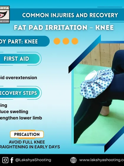 An infographic explaining how to manage fat pad irritation in the knee, a common issue for shooters. We provide practical tips on first aid, recovery, and prevention.