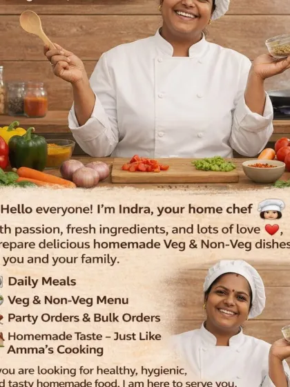 Our home-chef introduction poster presents daily meals, vegetarian and non-vegetarian food, and party orders from the kitchen.