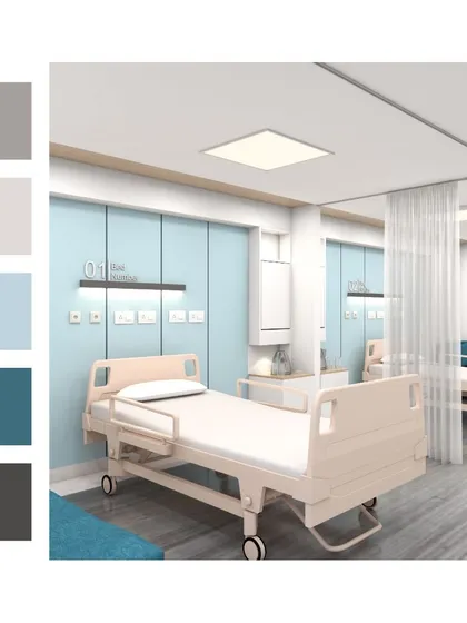 This rendering of a patient room uses a cool, calming palette of blues and greys. The design is clean and modern, with integrated lighting and storage to create an uncluttered and restful environment.