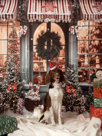 This handsome dog is sitting so patiently for his Christmas photo. The little Santa hat is the perfect finishing touch.