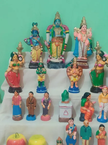 Our Dasara Golu display, a traditional arrangement of dolls and figurines. This is a wonderful way to share stories and cultural heritage with the children.