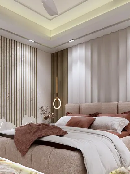 We designed this bedroom to be a modern and calming sanctuary. The bed features a unique headboard with an integrated mountain-like silhouette, complemented by soft, layered bedding and warm ambient lighting.