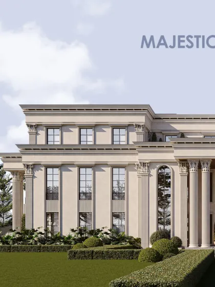 Rooted in classical architecture, this composition draws strength from its commanding scale and crisp geometry. The fluted columns and vertically aligned fenestrations echo a language of permanence and structural clarity.