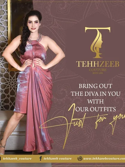 Bring out the diva in you with our custom outfits. This shimmering pink draped dress is designed to make you feel confident and glamorous.