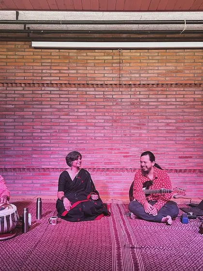The full Muqtalif band in a moment of connection on stage. This photo captures the camaraderie and shared passion that makes live music at Koota so special.