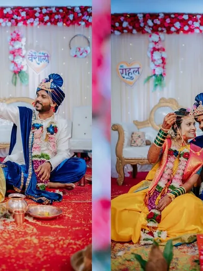 A diptych showing the couple performing rituals during their wedding ceremony.