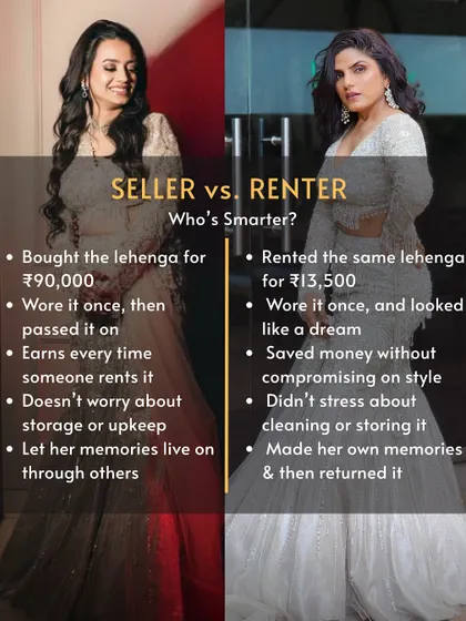 Seller vs. Renter: Who's Smarter? This side-by-side shows the two ways you can win with us. One person earns passive income from a lehenga they bought, and the other saves a fortune by renting the exact same designer piece. It’s a win-win for smart, stylish people.