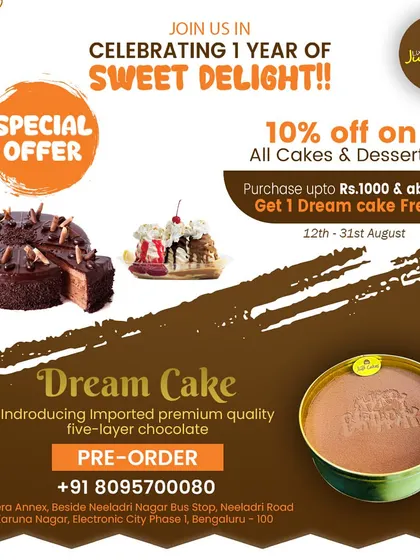 Introducing our signature Dream Cake, a rich and indulgent dessert for one. This promotional image highlights our imported premium quality five-layer chocolate cake, conveniently served in a tin for a perfect single-serving experience.