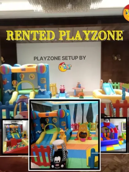 A collage showcasing a playzone setup in a hotel lobby or banquet hall. The main image shows a bouncy castle and a small ball pit, with smaller images highlighting other fun elements like ride-on cars.