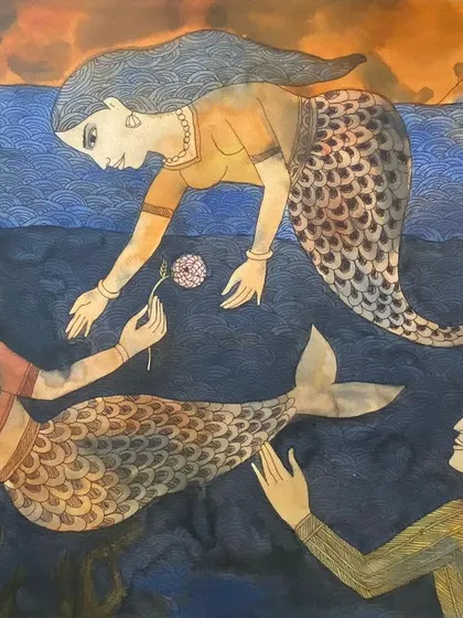 The clearest view of Badri Narayan's 'Mermaid' watercolour. The artist himself said, "I have picked up the imagery that surrounds me," and this piece is a perfect example of his talent for weaving Indian culture into fantastical narratives.