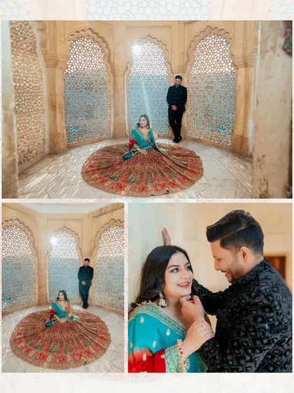 More moments from Ishant and Saloni's shoot, highlighting the intricate jali windows and the beautiful light they create for portraits.