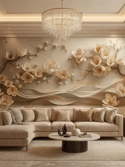 A beautiful 5D floral wallpaper with soft, neutral-toned flowers. The embossed texture and gentle color palette create a serene and sophisticated atmosphere.