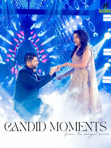 A magical moment on the sangeet stage. We use elements like low-lying fog and dramatic lighting to create a dreamy, romantic atmosphere for the couple's special performance.