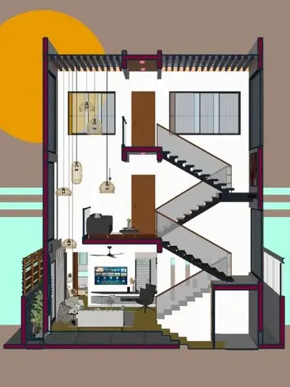 A section of one of our projects demonstrating stepped floor plates. The design transitions from a triple-height volume to a double-height space opening onto a dramatic skylight, with a central stairwell connecting all floors.