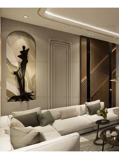 An abstract sculpture is nestled within an arched niche in this living room, creating a unique focal point. The design plays with clean lines and artistic expression.