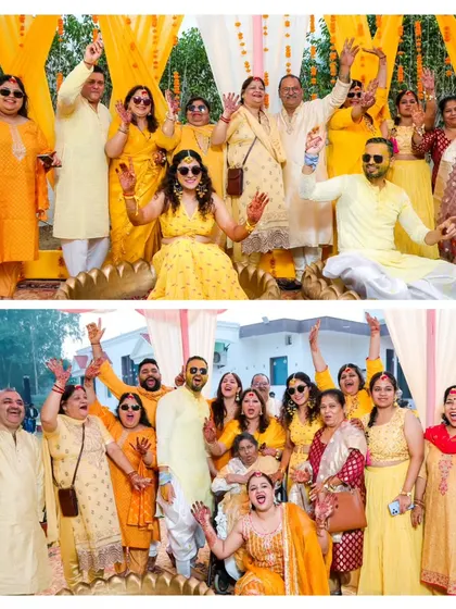 Two photos capturing the joy of the entire family celebrating together at a Haldi ceremony. These group shots are full of energy and love.