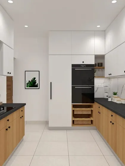 The full view of the U-shaped kitchen, highlighting the tall unit with a built-in oven and microwave, along with open wicker basket storage for vegetables.
