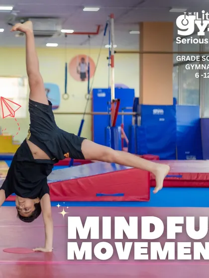 A perfect cartwheel in motion. Our 'Mindful Movement' theme helps grade schoolers develop a strong connection between mind and body, allowing them to execute skills with precision and awareness.