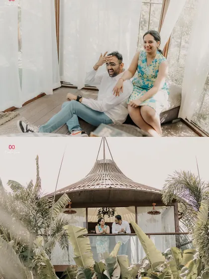 Candid moments in a unique treehouse-style room, capturing the couple's playful and relaxed interactions.