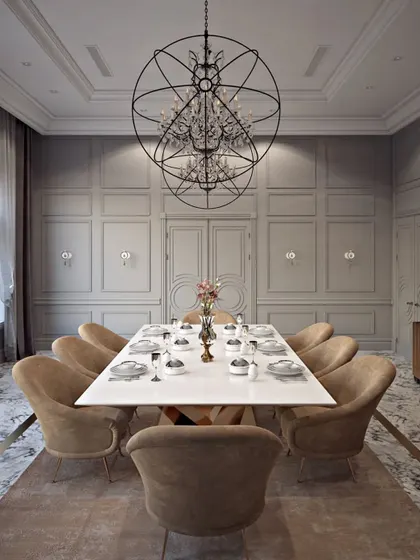 The formal dining room, anchored by a contemporary ten-seater table and a dramatic, oversized spherical chandelier.