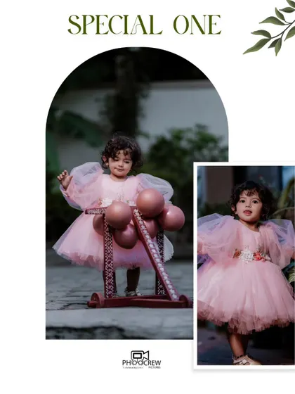 Another lovely collage from a first birthday portrait session. The little one is dressed in a fluffy pink tulle dress, looking absolutely precious as she plays with her balloon-adorned walker.