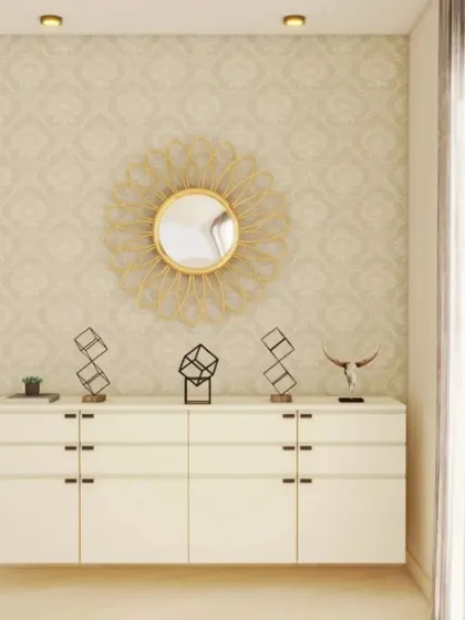 This wide, low-profile console in a clean white finish offers ample storage with multiple drawers. The decorative mirror and minimalist sculptures on top create a balanced and sophisticated look.