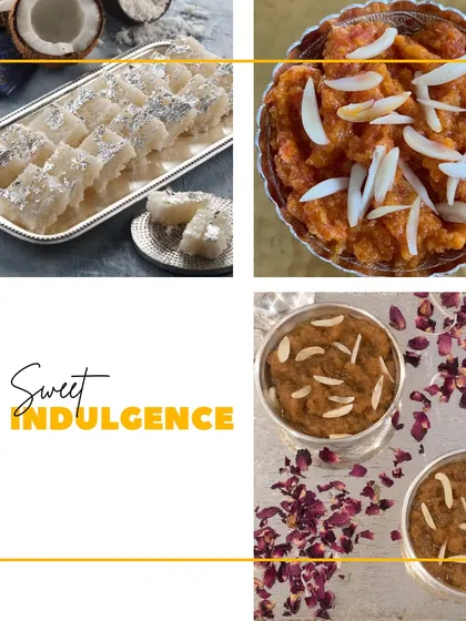A trio of our most indulgent desserts. This collage features our rich Dal Badam Halwa, classic Gajar Ka Halwa, and delicate Nariyal Ki Chakki, because one dessert is never enough.