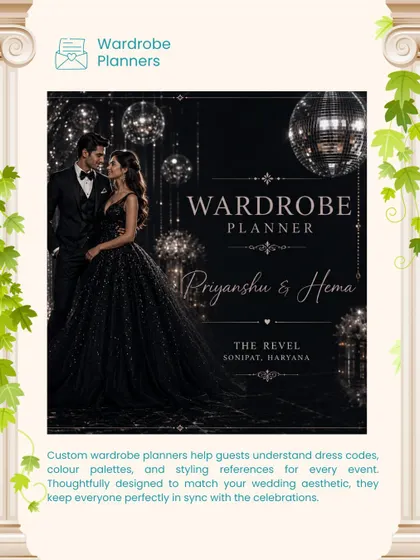 A custom wardrobe planner helps guests understand the dress code for each event. This sleek black and silver planner for Priyanshu and Hema matched their glamorous 'Revel' event perfectly.