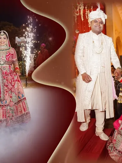 An album page showing the couple's grand entrance at their reception, complete with cold pyro and fog effects.