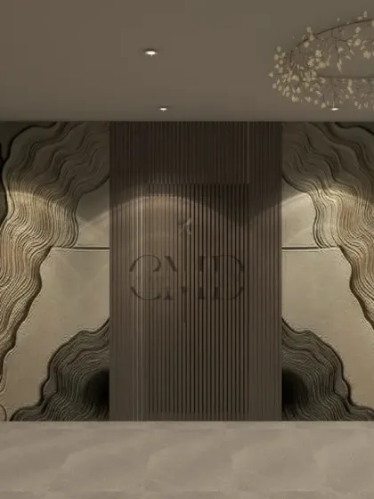 A direct view of the artistic wall panel, which combines organic, wave-like forms with geometric fluting, illuminated by a galaxy-inspired chandelier.