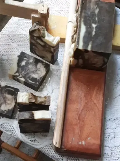 These are freshly cut bars of my Neem Cucumber soap. The dramatic swirls are created with neem puree and activated charcoal, making it a powerfully cleansing and refreshing bar.
