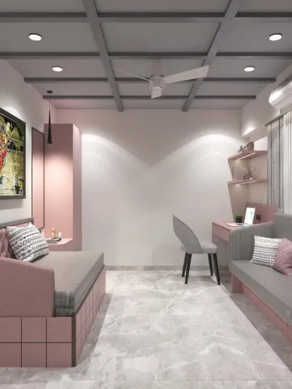 This versatile space was designed as a guest room that doubles as a lounge area. It features two sofa-beds in a dusty pink and grey palette, a compact study desk, and a unique grid-patterned ceiling, maximizing both seating and sleeping options.