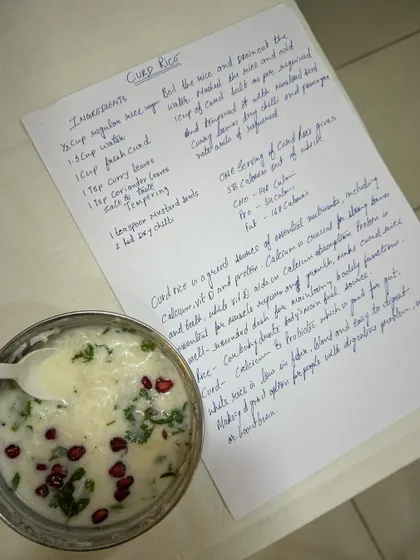 A closer look at the curd rice prepared during our budget cooking practical. The accompanying notes detail the ingredients, cost, and nutritional benefits, showcasing the scientific approach we teach.
