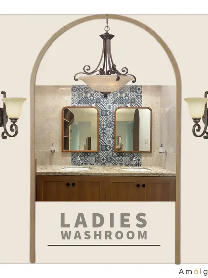 This design proposal for the ladies' washroom entrance mirrors the concept for the gents' area, creating a cohesive design language throughout the health club. The render highlights the arched frame, chandelier, and decorative tile backsplash.